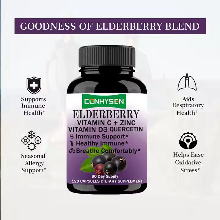 Kapsul Elderberry dengan Vitamin C D3 Zinc Quercetin untuk Pendukung Kekebalan Dewasa