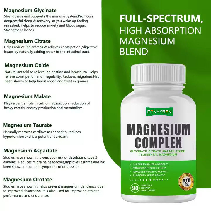 Magnesium Kompleks Kapsul Sitrat Oksida Glisinat Malate Suplemen untuk Mendukung Tulang Otot