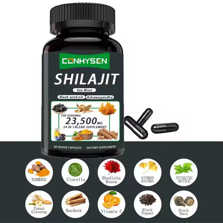 OEM Himalaya Shilajit Kapsul Asam Fulvic Mineral Laut Moss Asam alami Campuran Meningkatkan Energi