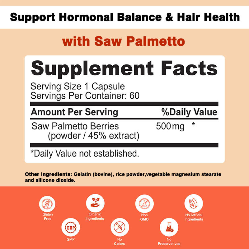 Non-GMO Saw Palmetto Kapsul 500mg Kompleks Dukungan Hormonal Keseimbangan Kesehatan Rambut