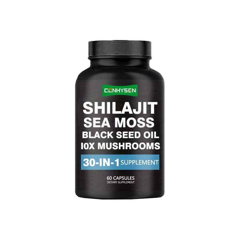 Shilajit Kapsul Dengan Sea Moss Minyak Biji Hitam Suplemen Diet Untuk Dukungan Kekebalan