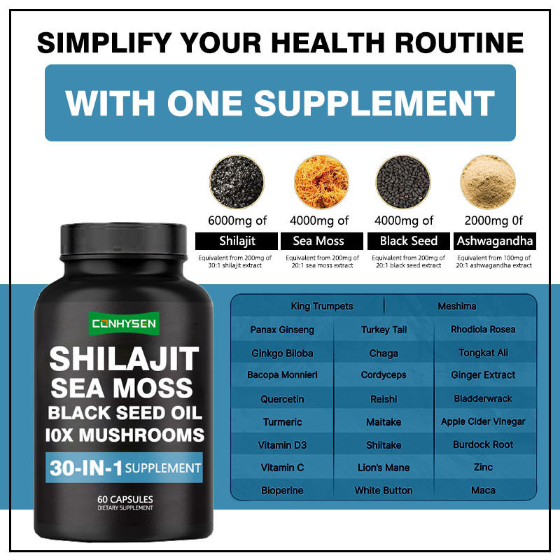 Shilajit Kapsul Dengan Sea Moss Minyak Biji Hitam Suplemen Diet Untuk Dukungan Kekebalan