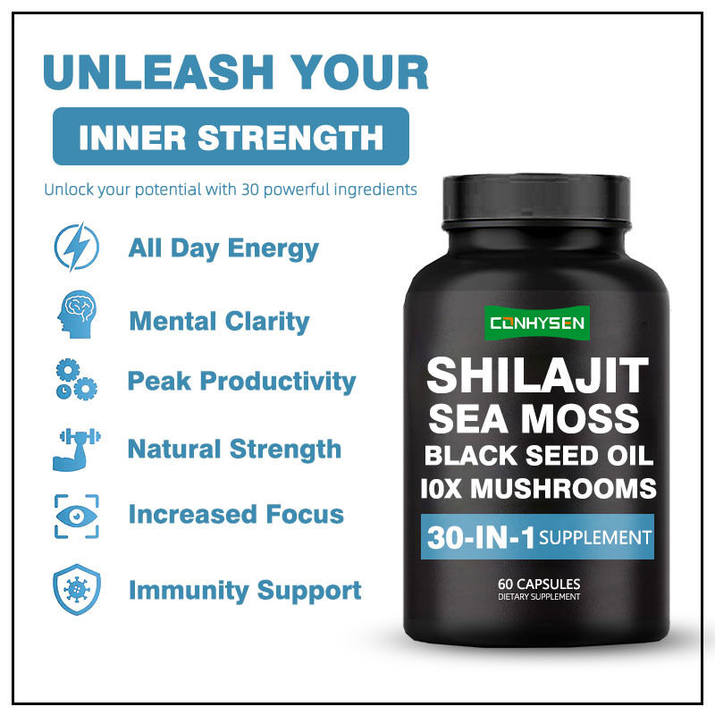 Shilajit Kapsul Dengan Sea Moss Minyak Biji Hitam Suplemen Diet Untuk Dukungan Kekebalan