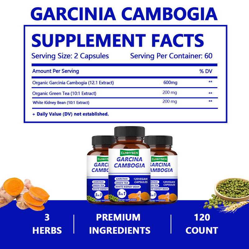 Kapsul Garcinia Cambogia Label Pribadi Suplemen 3-In-1 Mendukung Keseimbangan Tubuh dengan Teh Hijau