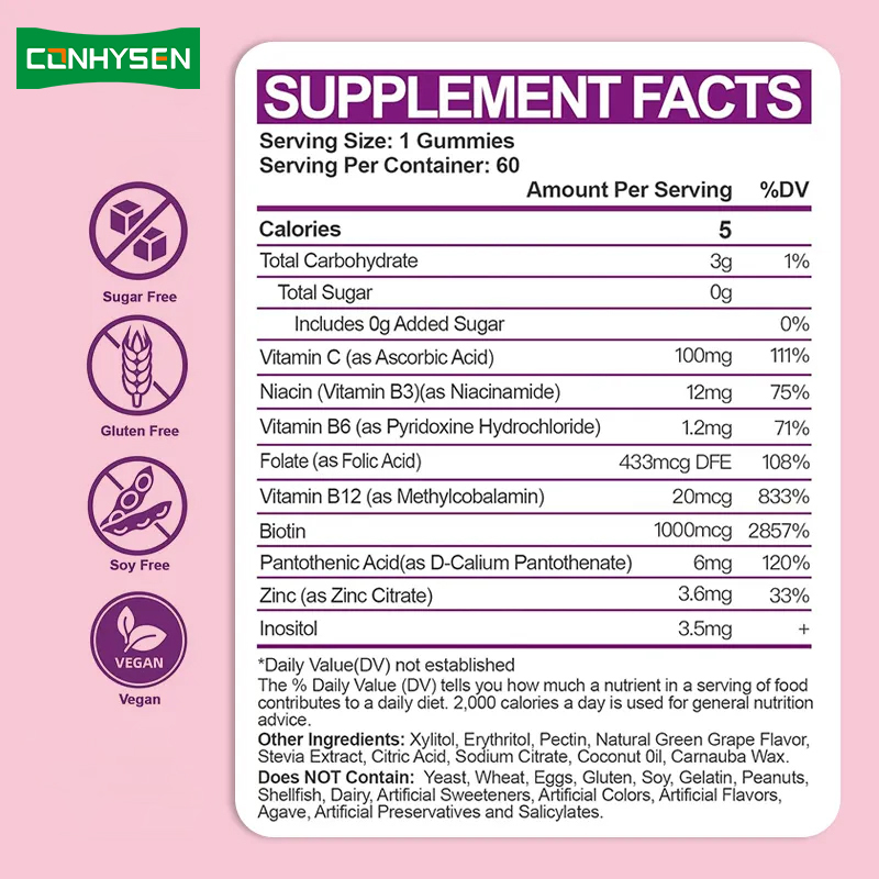 Vitamin B Kompleks Permen karet untuk penguat kekebalan Vitamin C Folat Suplemen makanan Vitamin B