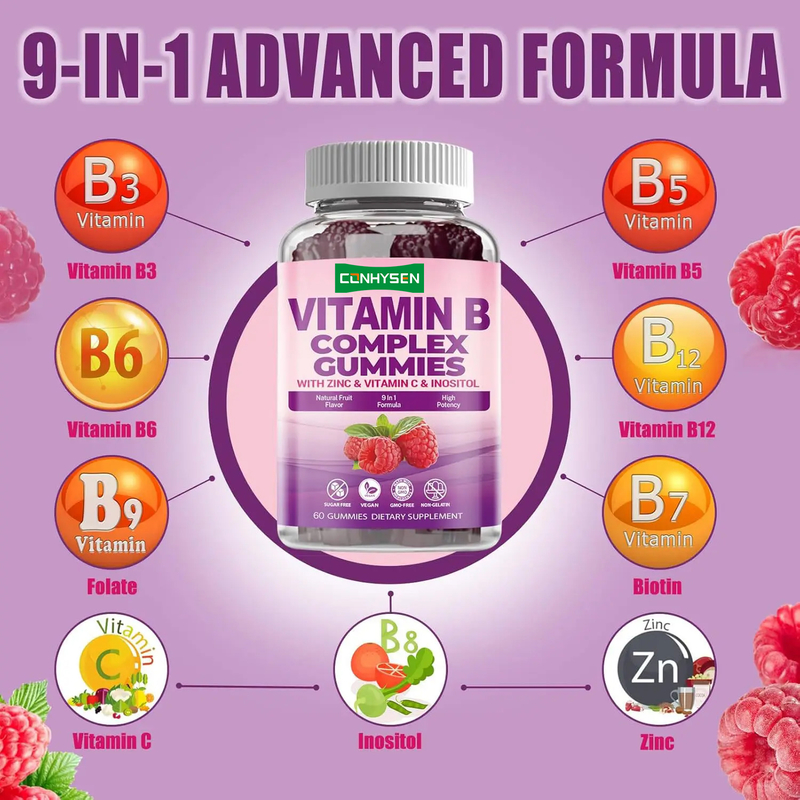Vitamin B Kompleks Permen karet untuk penguat kekebalan Vitamin C B6 Seng Folat Suplemen makanan Vitamin B12 Permen