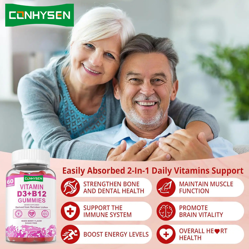 Pabrik Langsung Bebas Gula Meningkatkan Vitalitas Otak Kesehatan Jantung Keseluruhan Vitamin D3 B12 Gummies