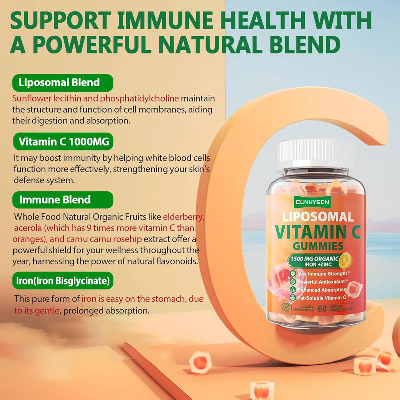 Label Pribadi Bebas Gula Organik Suplemen Besi Seng Dukungan Meningkatkan Kesehatan Kulit Vitamin C Permen karet