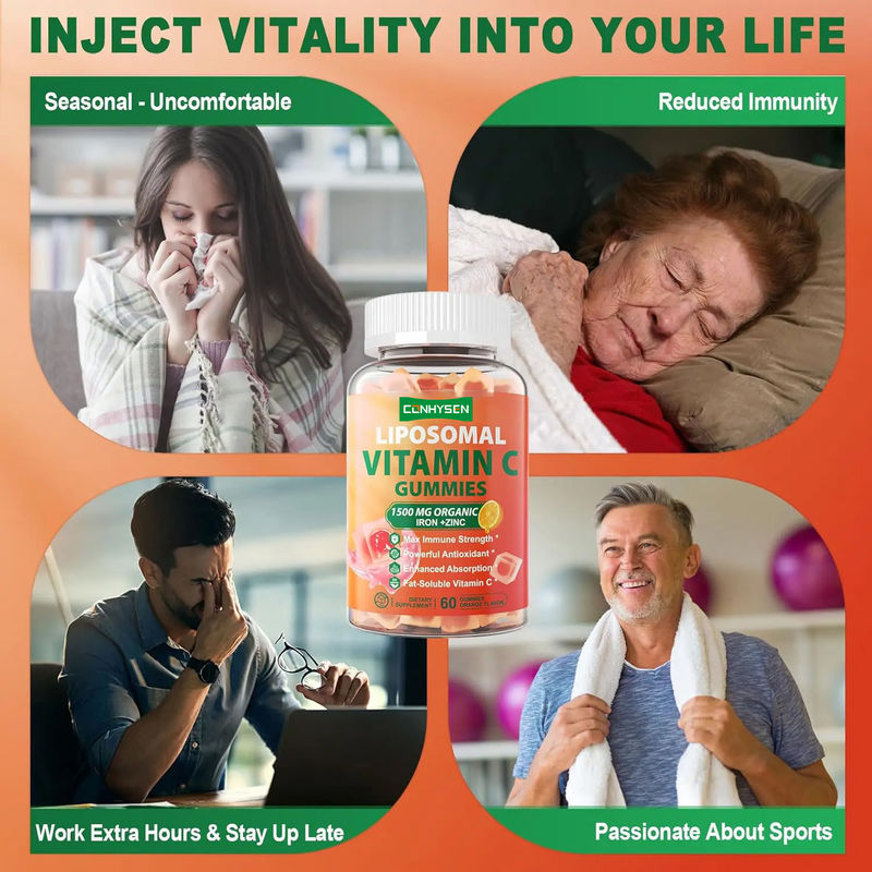 Label Pribadi Bebas Gula Organik Suplemen Besi Seng Dukungan Meningkatkan Kesehatan Kulit Vitamin C Permen karet