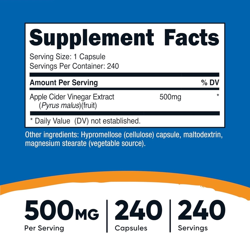 Suplemen Diet OEM Kapsul Cuka Sari Apel 500mg 240 Kapsul Vegetarian Alami Vegetarian GMP Non-GMO Bebas Gluten