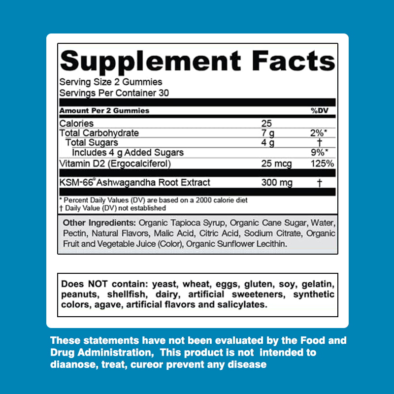 Ashwagandha Gummies dengan Vitamin D2 untuk Dukungan Imun 18 Bulan Shelf Life
