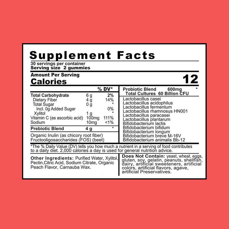 OEM/ODM 4g Prebiotik Probiotik Permen karet 60 Miliar CFU Imunitas Booster Kesehatan usus Peningkatan dengan Sifat Antioksidan Dewasa
