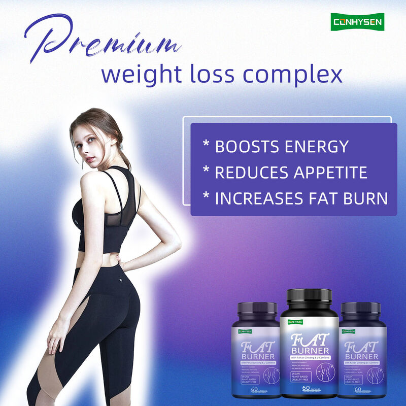 Suplemen pembakar lemak berkualitas tinggi untuk pria wanita dengan Panax Ginseng, L-Carnitine Ekstrak 60 lemak vegetarian Serat makanan